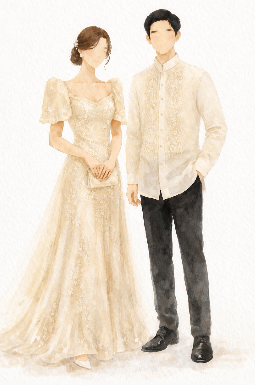 Cream beige Ninang Filipiniana dress and Ninong Barong Tagalog with black pants